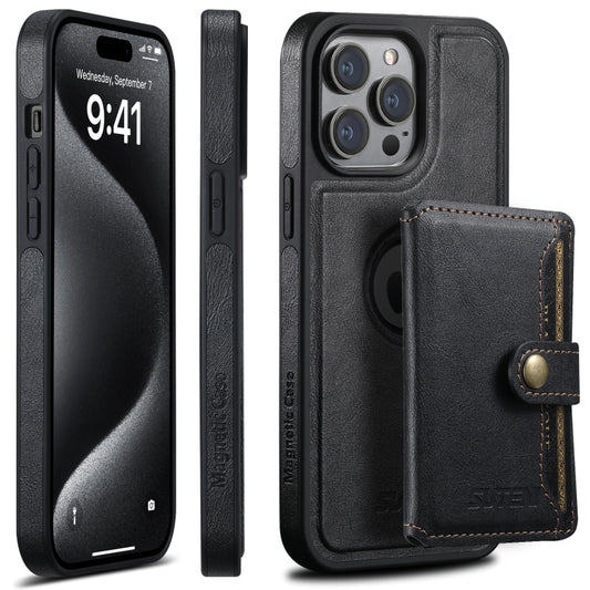 For iPhone 15 Pro Max Suteni M1 Oil Wax MagSafe Detachable Horizontal Card Bag Phone Case(Black) - iPhone 15 Pro Max Cases by Suteni | Online Shopping South Africa | PMC Jewellery | Buy Now Pay Later Mobicred