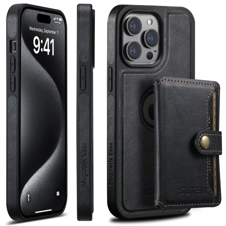 For iPhone 15 Pro Suteni M1 Oil Wax MagSafe Detachable Horizontal Card Bag Phone Case(Black) - iPhone 15 Pro Cases by Suteni | Online Shopping South Africa | PMC Jewellery | Buy Now Pay Later Mobicred