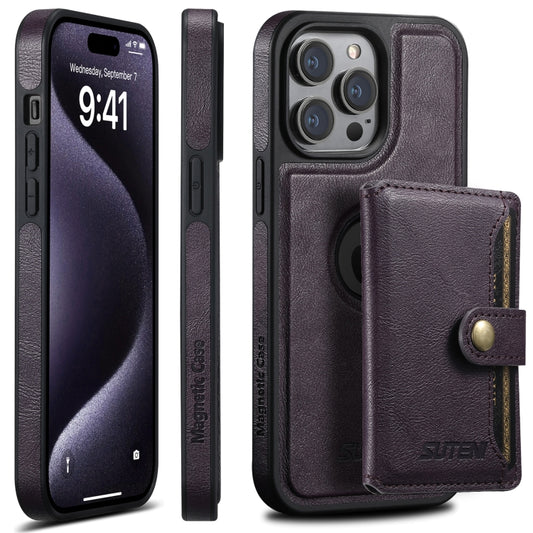 For iPhone 15 Pro Suteni M1 Oil Wax MagSafe Detachable Horizontal Card Bag Phone Case(Purple) - iPhone 15 Pro Cases by Suteni | Online Shopping South Africa | PMC Jewellery | Buy Now Pay Later Mobicred