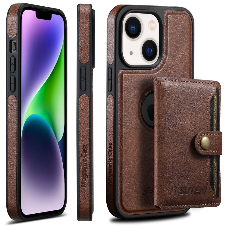 For iPhone 14 Plus Suteni M1 Oil Wax MagSafe Detachable Horizontal Card Bag Phone Case(Brown) - iPhone 14 Plus Cases by Suteni | Online Shopping South Africa | PMC Jewellery | Buy Now Pay Later Mobicred