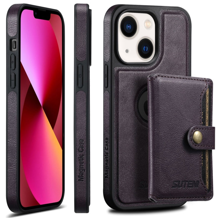 For iPhone 13 Suteni M1 Oil Wax MagSafe Detachable Horizontal Card Bag Phone Case(Purple) - iPhone 13 Cases by Suteni | Online Shopping South Africa | PMC Jewellery | Buy Now Pay Later Mobicred