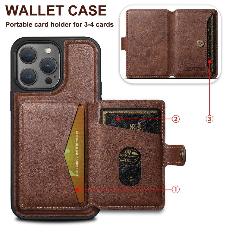 For iPhone 16 Pro Suteni M1 Oil Wax MagSafe Detachable Horizontal Card Bag Phone Case(Brown) - iPhone 16 Pro Cases by Suteni | Online Shopping South Africa | PMC Jewellery | Buy Now Pay Later Mobicred