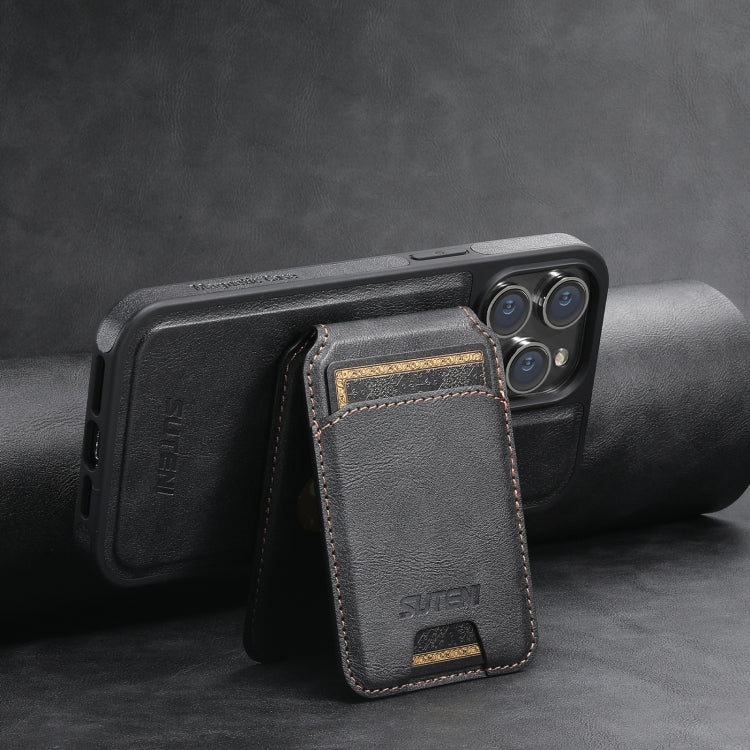 For iPhone 15 Suteni M2 Oil Wax MagSafe Horizontal Card Bag Phone Case(Black) - iPhone 15 Cases by Suteni | Online Shopping South Africa | PMC Jewellery | Buy Now Pay Later Mobicred