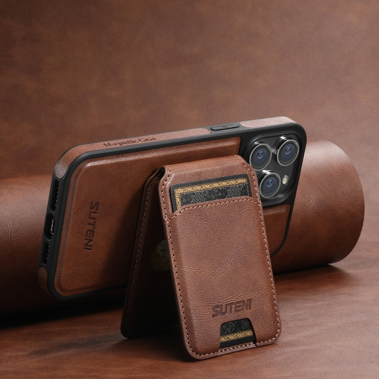 For iPhone 14 Suteni M2 Oil Wax MagSafe Horizontal Card Bag Phone Case(Brown) - iPhone 14 Cases by Suteni | Online Shopping South Africa | PMC Jewellery | Buy Now Pay Later Mobicred