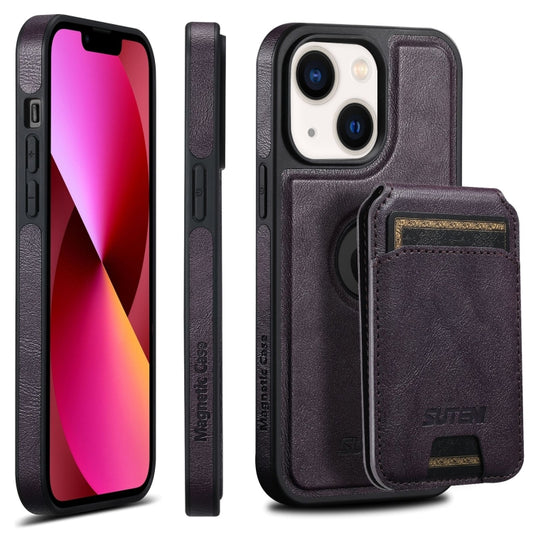 For iPhone 13 Suteni M2 Oil Wax MagSafe Horizontal Card Bag Phone Case(Purple) - iPhone 13 Cases by Suteni | Online Shopping South Africa | PMC Jewellery | Buy Now Pay Later Mobicred