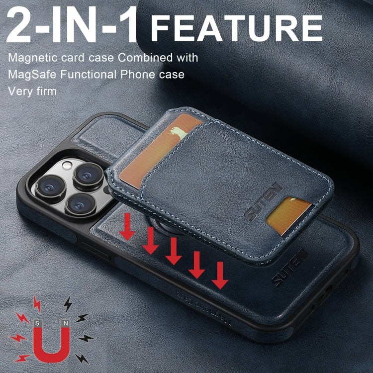 For iPhone 16 Plus Suteni M2 Oil Wax MagSafe Horizontal Card Bag Phone Case(Blue) - iPhone 16 Plus Cases by Suteni | Online Shopping South Africa | PMC Jewellery | Buy Now Pay Later Mobicred