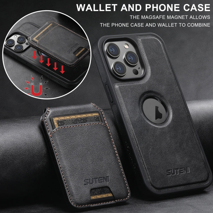 For iPhone 13 Suteni M2 Oil Wax MagSafe Horizontal Card Bag Phone Case(Black) - iPhone 13 Cases by Suteni | Online Shopping South Africa | PMC Jewellery | Buy Now Pay Later Mobicred