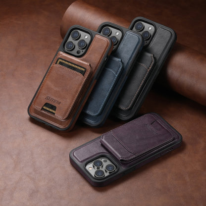 For iPhone 15 Suteni M2 Oil Wax MagSafe Horizontal Card Bag Phone Case(Brown) - iPhone 15 Cases by Suteni | Online Shopping South Africa | PMC Jewellery | Buy Now Pay Later Mobicred