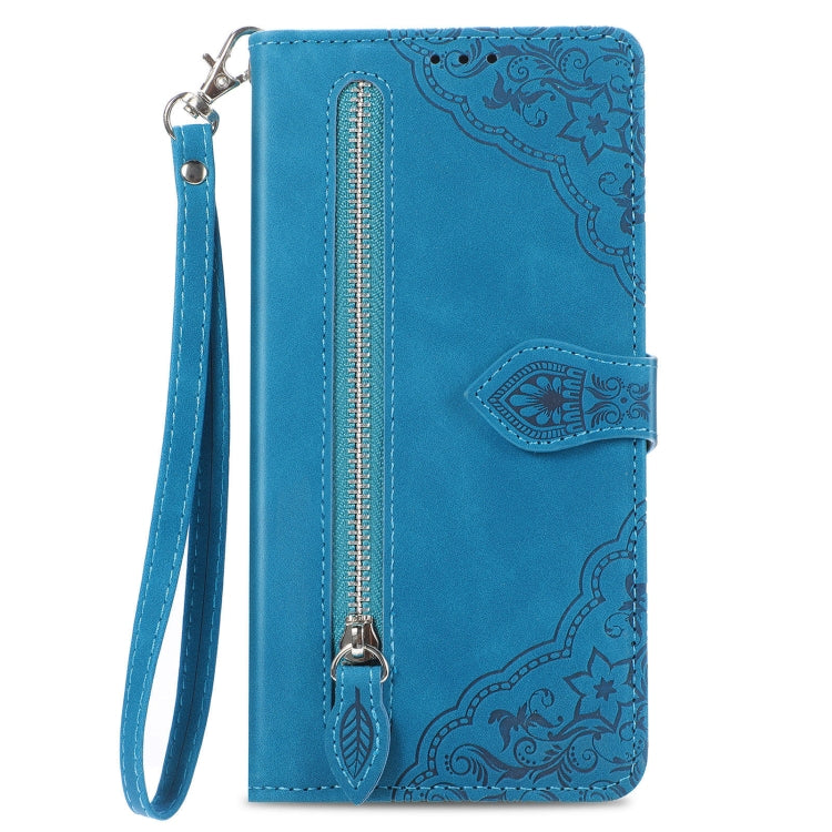 For Huawei Pura 70 Embossed Flower Zipper Leather Phone Case(Blue) - Huawei Cases by PMC Jewellery | Online Shopping South Africa | PMC Jewellery | Buy Now Pay Later Mobicred