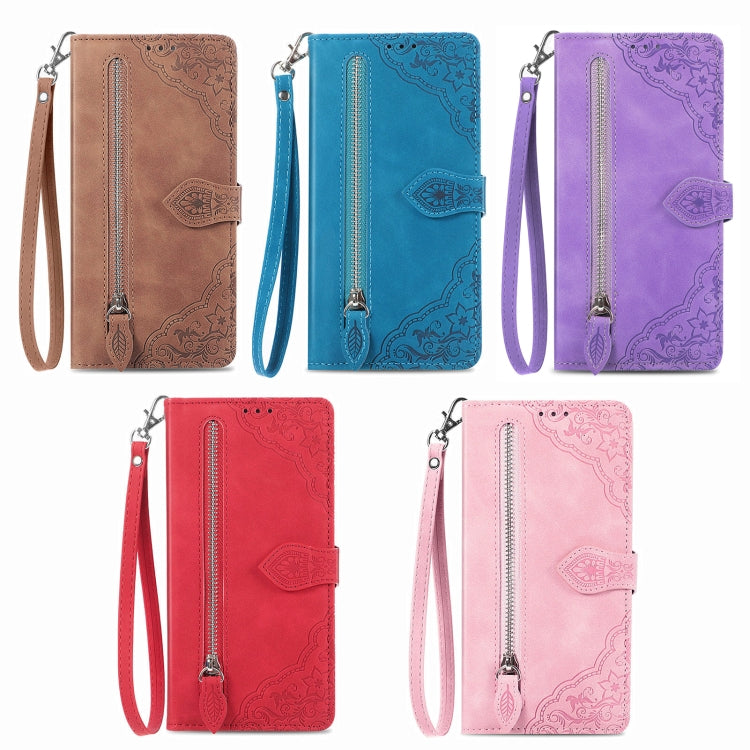 For Huawei Pura 70 Embossed Flower Zipper Leather Phone Case(Red) - Huawei Cases by PMC Jewellery | Online Shopping South Africa | PMC Jewellery | Buy Now Pay Later Mobicred