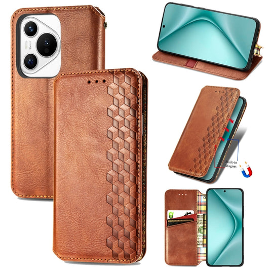 For Huawei Pura 70 Pro+ Cubic Grid Pressed Magnetic Leather Phone Case(Brown) - Huawei Cases by PMC Jewellery | Online Shopping South Africa | PMC Jewellery | Buy Now Pay Later Mobicred