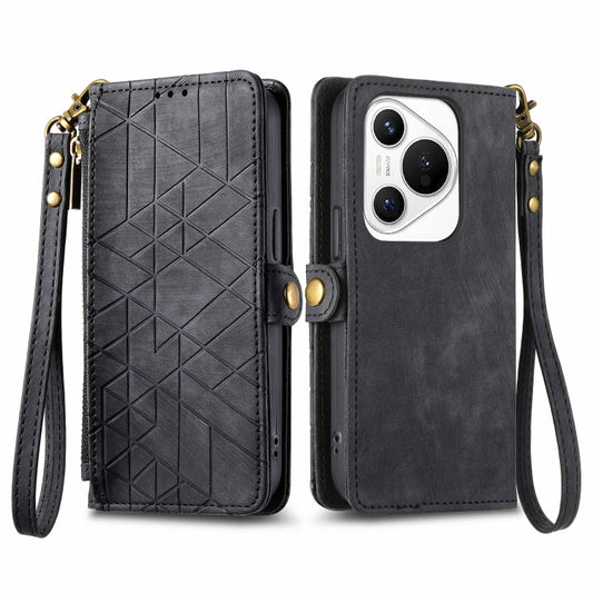 For Huawei Pura 70 Geometric Zipper Wallet Side Buckle Leather Phone Case(Black) - Huawei Cases by PMC Jewellery | Online Shopping South Africa | PMC Jewellery | Buy Now Pay Later Mobicred