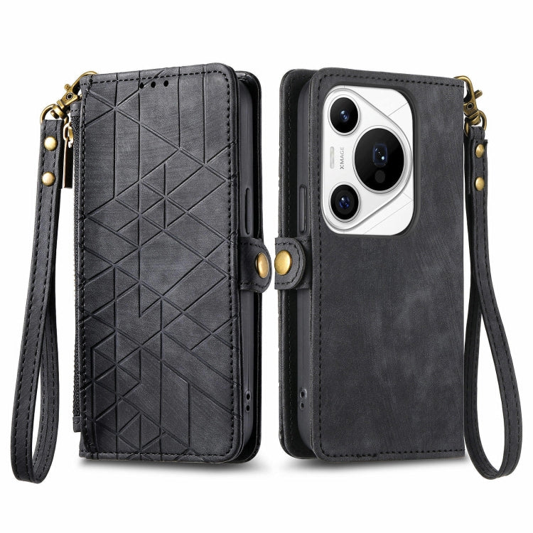 For Huawei Pura 70 Pro+ Geometric Zipper Wallet Side Buckle Leather Phone Case(Black) - Huawei Cases by PMC Jewellery | Online Shopping South Africa | PMC Jewellery | Buy Now Pay Later Mobicred