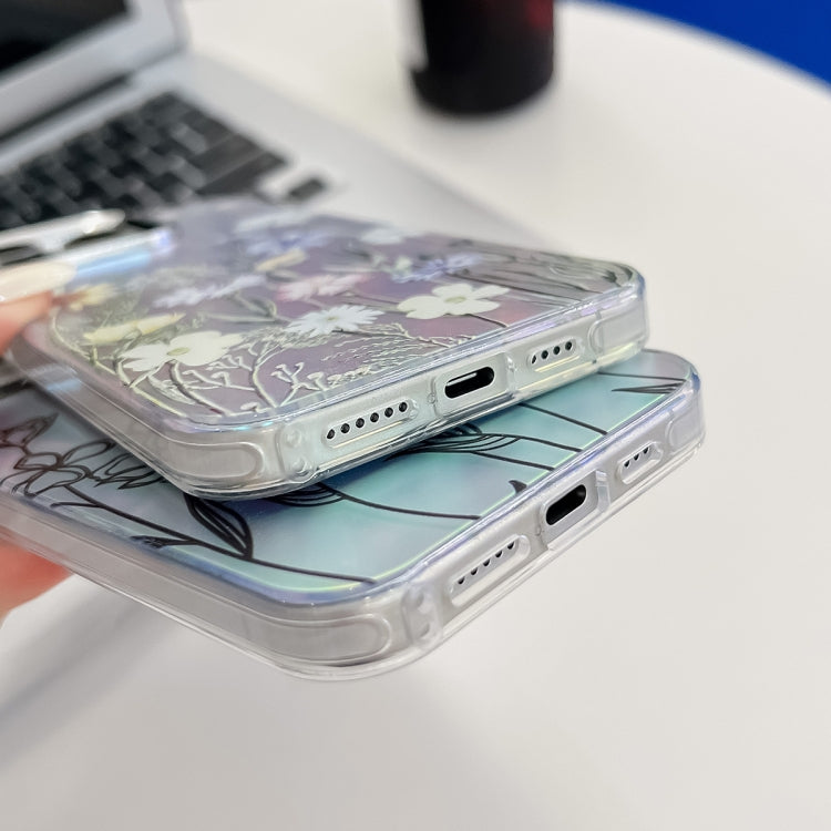 For iPhone 16 Electroplating Laser Flower Texture TPU Phone Case(Myosotis AH2) - iPhone 16 Cases by PMC TechLife | Online Shopping South Africa | PMC TechLife | Buy Now Pay Later Mobicred