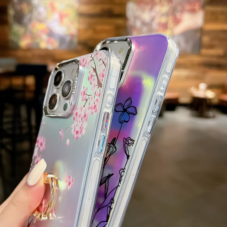 For iPhone 16 Electroplating Laser Flower Ring Holder TPU Phone Case(Leaves AH12) - iPhone 16 Cases by PMC TechLife | Online Shopping South Africa | PMC TechLife | Buy Now Pay Later Mobicred