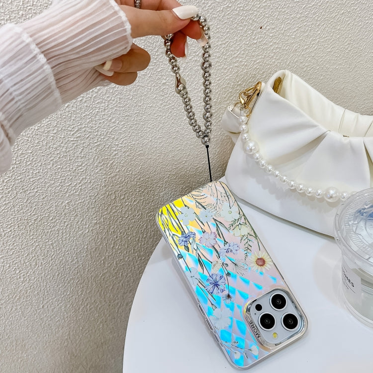 For iPhone 16 Electroplating Laser Flower Phone Case with Wrist Strap(Leaves AH12) - iPhone 16 Cases by PMC TechLife | Online Shopping South Africa | PMC TechLife | Buy Now Pay Later Mobicred