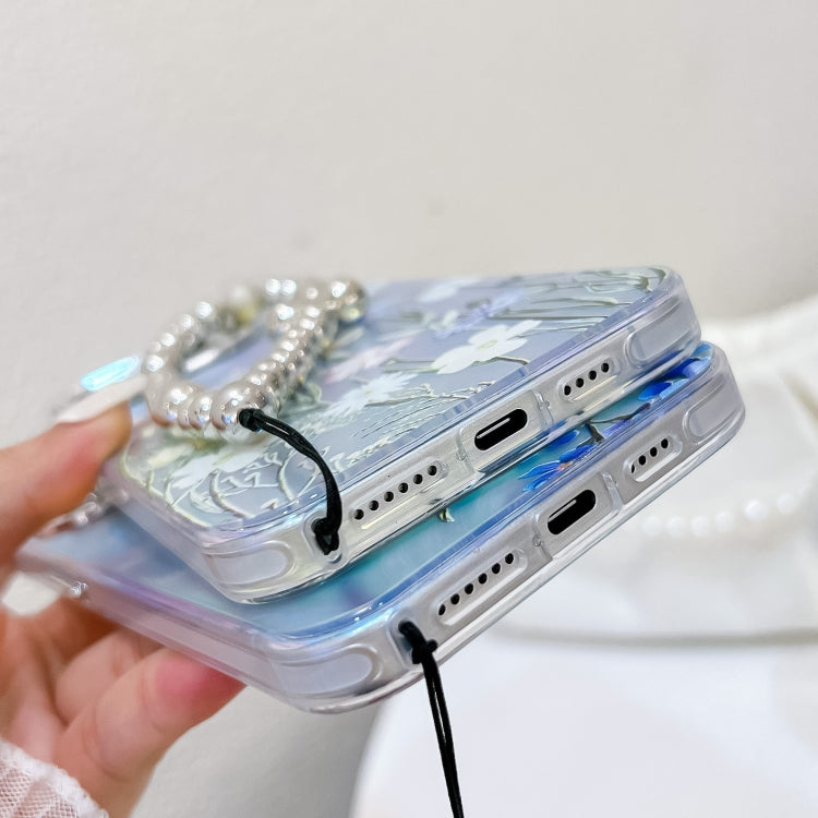 For iPhone 16 Electroplating Laser Flower Phone Case with Wrist Strap(Lavender AH14) - iPhone 16 Cases by PMC TechLife | Online Shopping South Africa | PMC TechLife | Buy Now Pay Later Mobicred