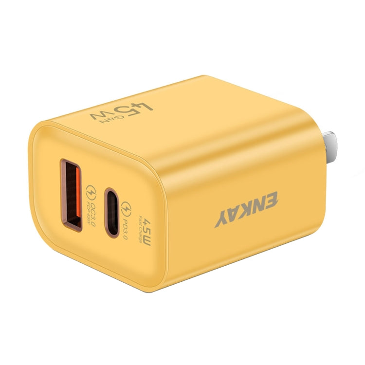 ENKAY FC-001 45W USB-A + USB-C / Type-C Dual Ports Quick Charger, US Plug(Yellow) - USB Charger by ENKAY | Online Shopping South Africa | PMC Jewellery | Buy Now Pay Later Mobicred