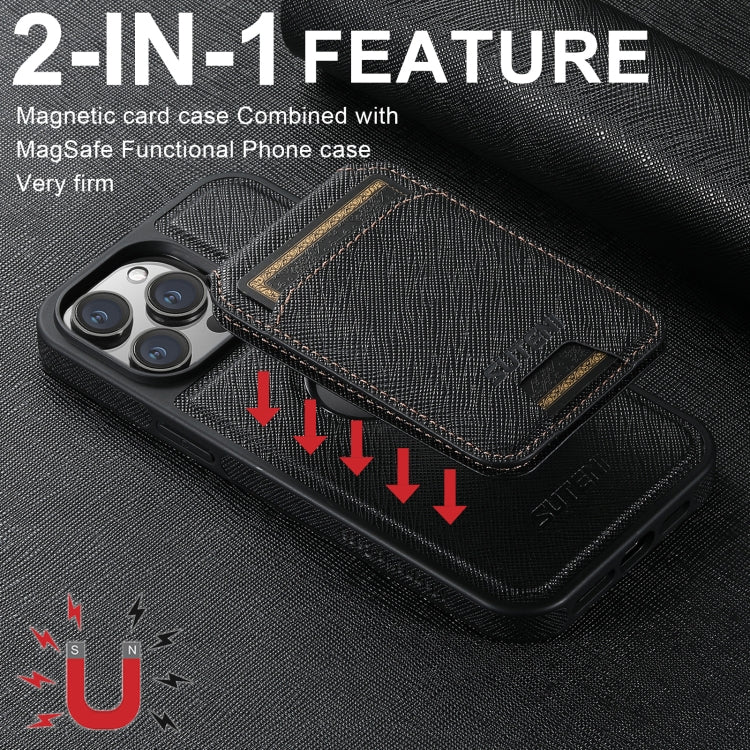 For iPhone 15 Plus Suteni M2 Cross-Grain MagSafe Vertical Card Back Phone Case(Black) - iPhone 15 Plus Cases by Suteni | Online Shopping South Africa | PMC Jewellery | Buy Now Pay Later Mobicred