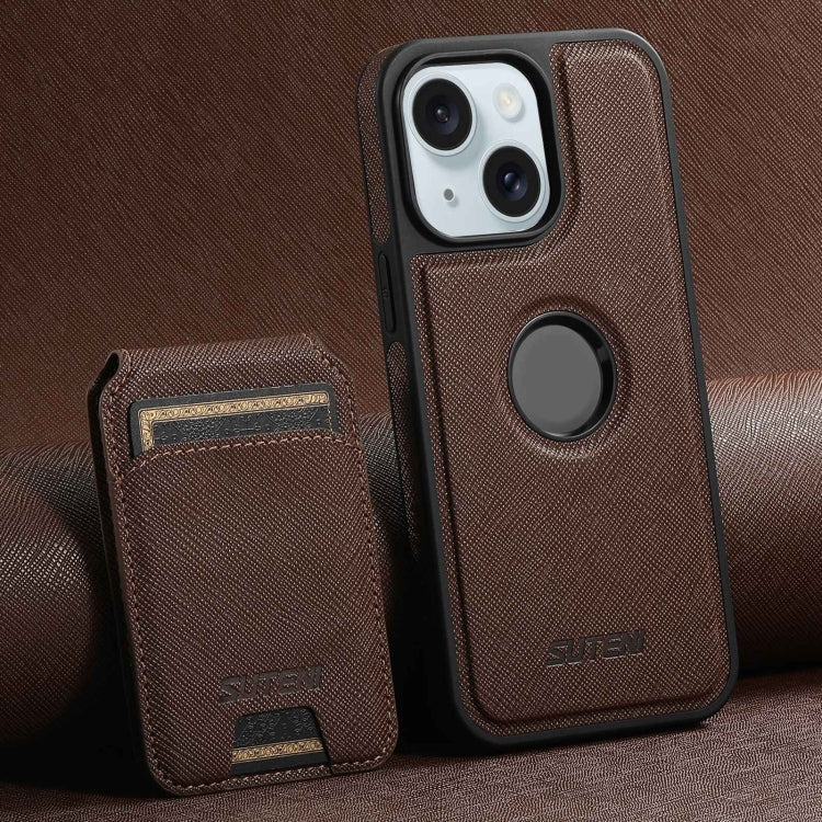 For iPhone 15 Plus Suteni M2 Cross-Grain MagSafe Vertical Card Back Phone Case(Brown) - iPhone 15 Plus Cases by Suteni | Online Shopping South Africa | PMC Jewellery | Buy Now Pay Later Mobicred