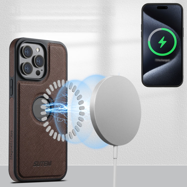 For iPhone 15 Plus Suteni M2 Cross-Grain MagSafe Vertical Card Back Phone Case(Brown) - iPhone 15 Plus Cases by Suteni | Online Shopping South Africa | PMC Jewellery | Buy Now Pay Later Mobicred