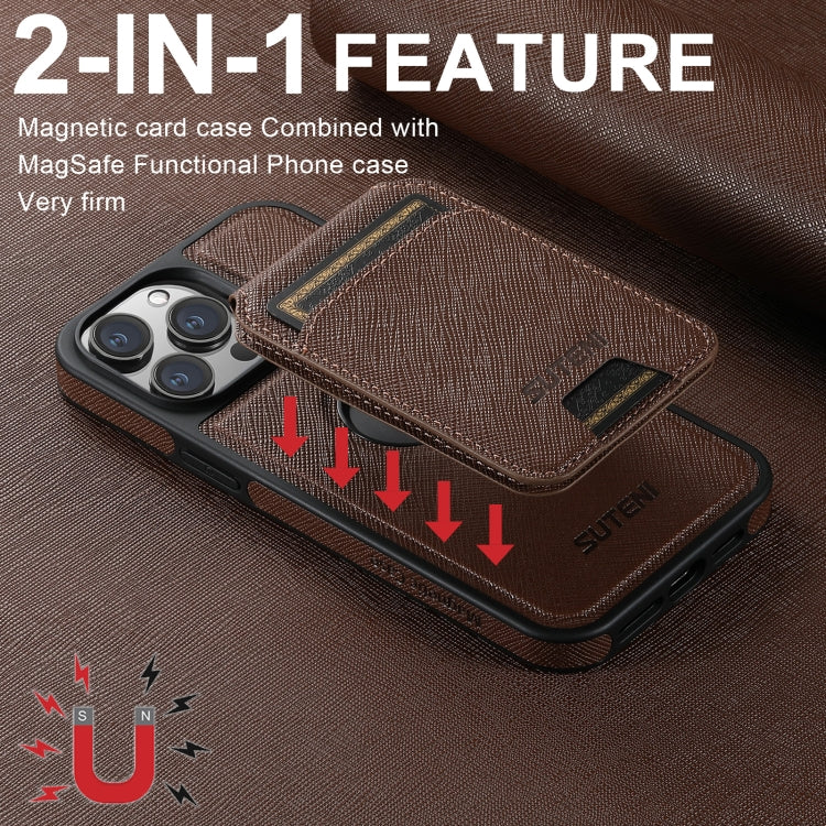 For iPhone 14 Pro Max Suteni M2 Cross-Grain MagSafe Vertical Card Back Phone Case(Brown) - iPhone 14 Pro Max Cases by Suteni | Online Shopping South Africa | PMC Jewellery | Buy Now Pay Later Mobicred