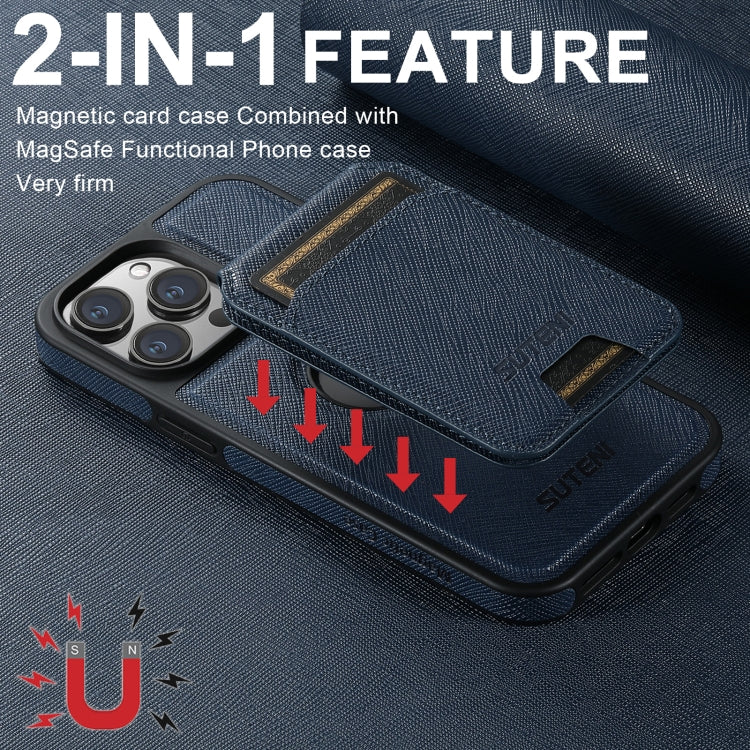 For iPhone 14 Pro Suteni M2 Cross-Grain MagSafe Vertical Card Back Phone Case(Blue) - iPhone 14 Pro Cases by Suteni | Online Shopping South Africa | PMC Jewellery | Buy Now Pay Later Mobicred