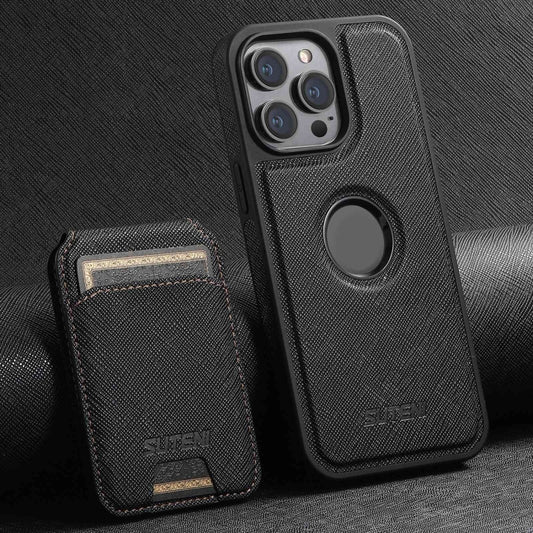 For iPhone 12 Pro Max Suteni M2 Cross-Grain MagSafe Vertical Card Back Phone Case(Black) - iPhone 12 Pro Max Cases by Suteni | Online Shopping South Africa | PMC Jewellery | Buy Now Pay Later Mobicred