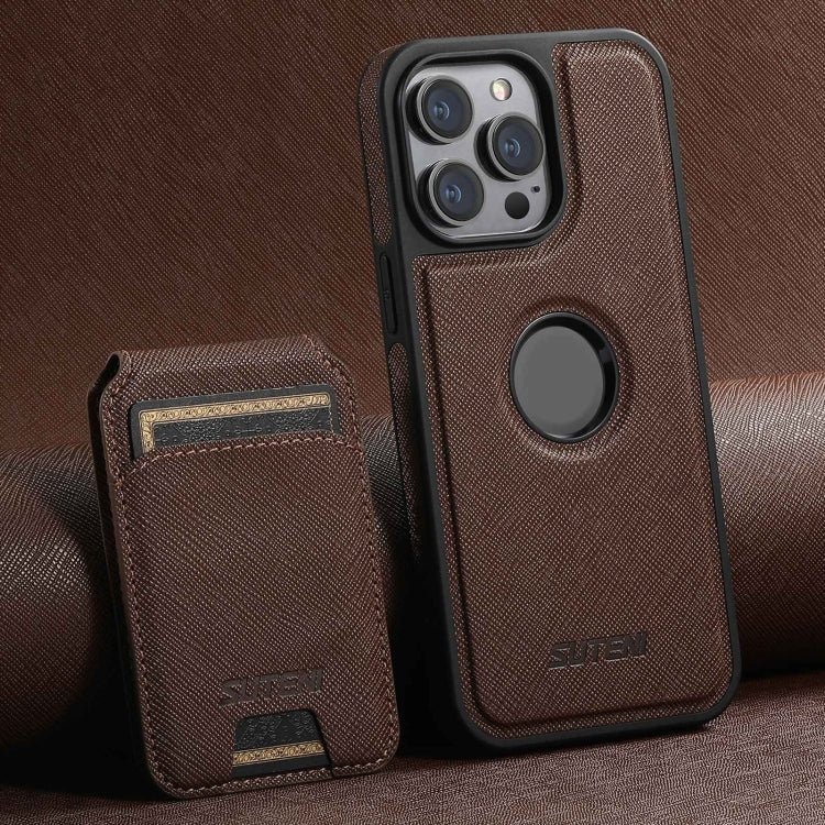 For iPhone 12 Pro Suteni M2 Cross-Grain MagSafe Vertical Card Back Phone Case(Brown) - free shipping - PMC Jewellery - Order now!