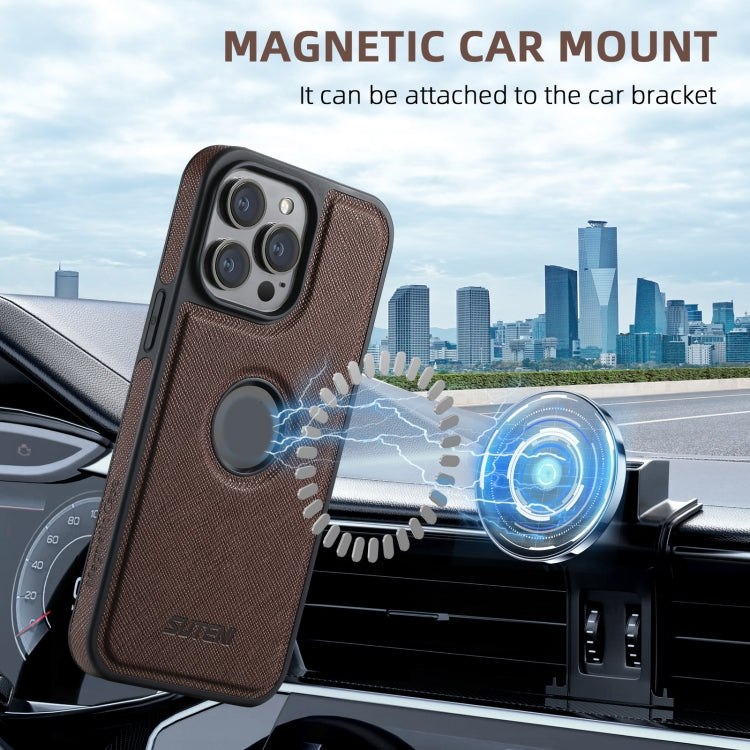 For iPhone 12 Pro Suteni M2 Cross-Grain MagSafe Vertical Card Back Phone Case(Brown) - free shipping - PMC Jewellery - Order now!
