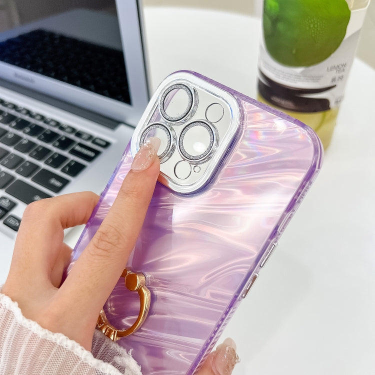 For iPhone 16 Plus Plating Glitter Texture Ring Holder TPU Phone Case with Lens Film(White Water Ripples) - free shipping - PMC TechLife - Order now!