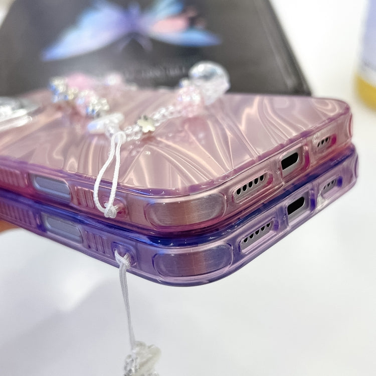 For iPhone 16e Plating Glitter Texture Chain Wristband TPU Phone Case with Lens Film(White Shell Pattern) - iPhone 16e Cases by PMC TechLife | Online Shopping South Africa | PMC TechLife | Buy Now Pay Later Mobicred