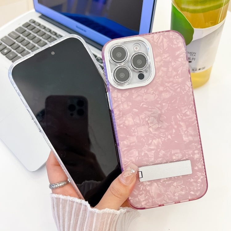 For iPhone 16e Plating Glitter Texture Fold Holder TPU Phone Case with Lens Film(Pink Shell Pattern) - iPhone 16e Cases by PMC TechLife | Online Shopping South Africa | PMC TechLife | Buy Now Pay Later Mobicred