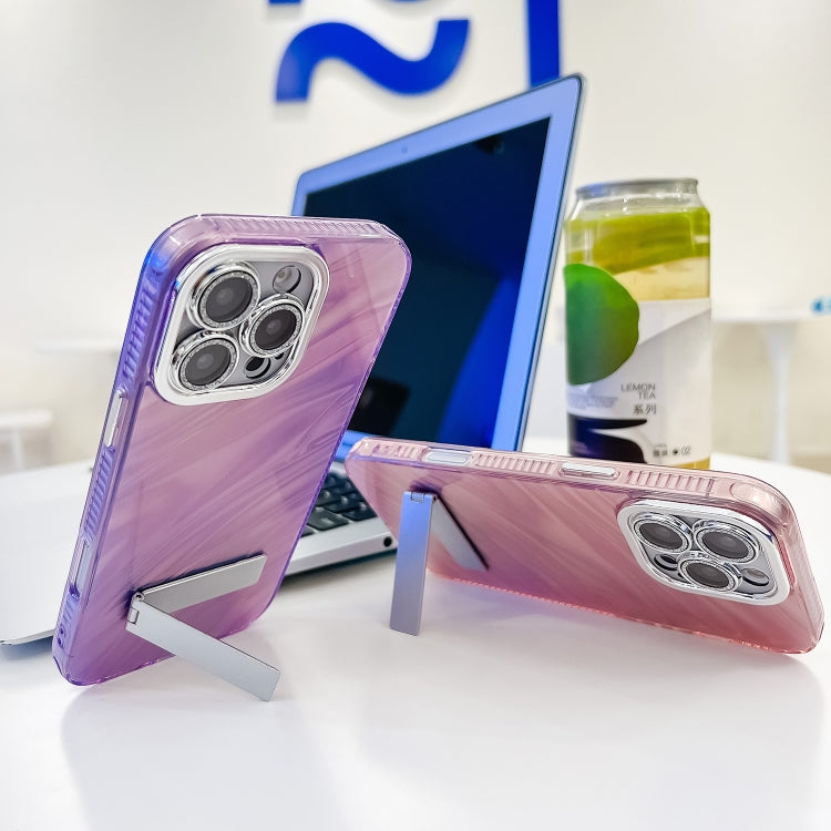 For iPhone 16e Plating Glitter Texture Fold Holder TPU Phone Case with Lens Film(White Feather Yarn) - iPhone 16e Cases by PMC TechLife | Online Shopping South Africa | PMC TechLife | Buy Now Pay Later Mobicred