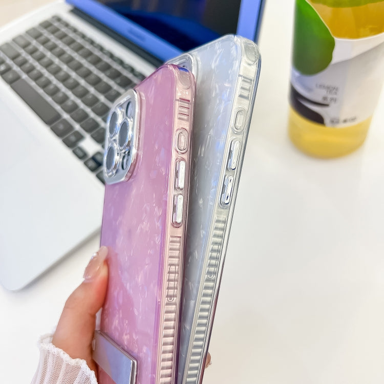 For iPhone 16e Plating Glitter Texture Fold Holder TPU Phone Case with Lens Film(Purple Shell Pattern) - iPhone 16e Cases by PMC TechLife | Online Shopping South Africa | PMC TechLife | Buy Now Pay Later Mobicred
