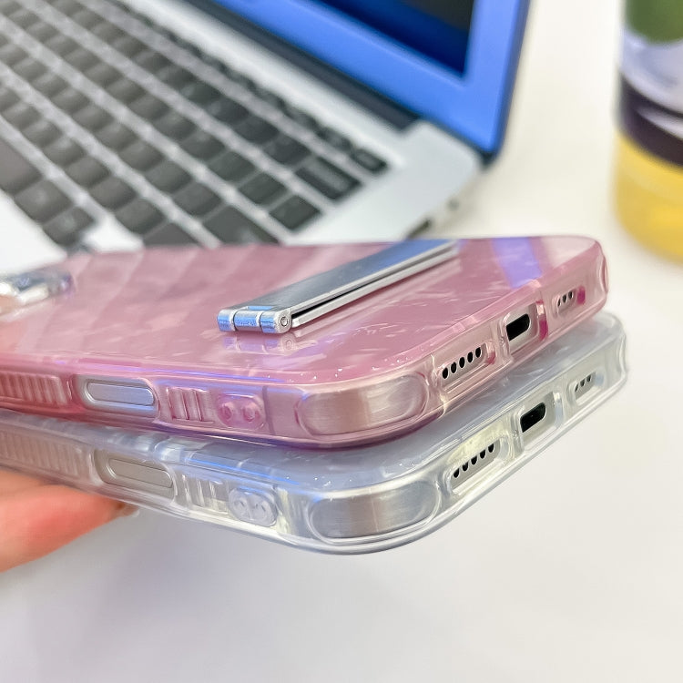 For iPhone 16e Plating Glitter Texture Fold Holder TPU Phone Case with Lens Film(Purple Feather Yarn) - iPhone 16e Cases by PMC TechLife | Online Shopping South Africa | PMC TechLife | Buy Now Pay Later Mobicred