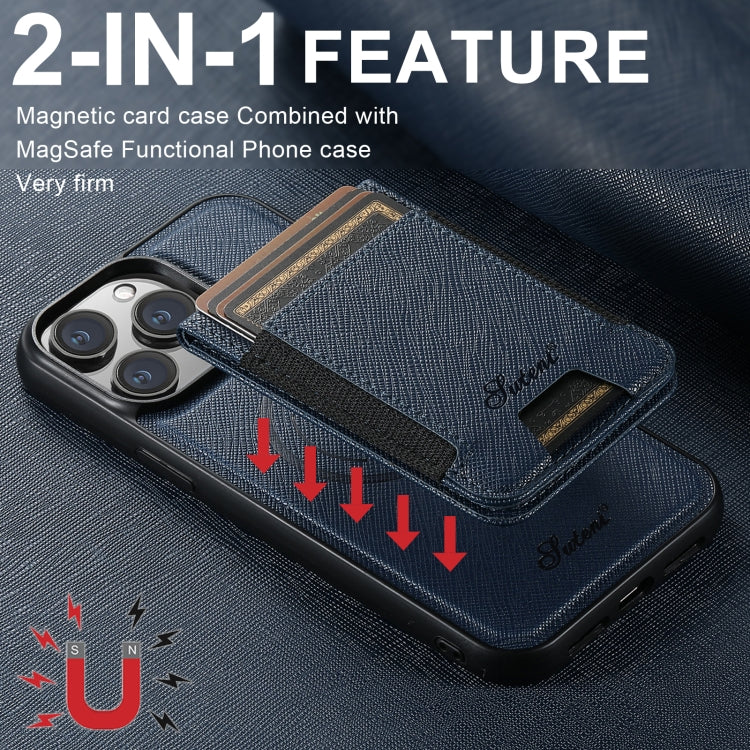 For iPhone 15 Pro Max Suteni H17 Cross Grain Leather MagSafe Detachable Wallet Phone Case(Blue) - iPhone 15 Pro Max Cases by Suteni | Online Shopping South Africa | PMC Jewellery | Buy Now Pay Later Mobicred