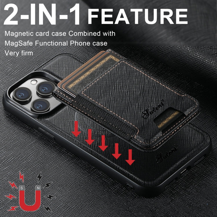 For iPhone 13 Pro Suteni H17 Cross Grain Leather MagSafe Detachable Wallet Phone Case(Black) - iPhone 13 Pro Cases by Suteni | Online Shopping South Africa | PMC Jewellery | Buy Now Pay Later Mobicred