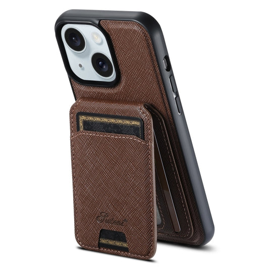 For iPhone 15 Plus Suteni H18 Cross Grain MagSafe Wallet Leather Phone Case(Brown) - iPhone 15 Plus Cases by Suteni | Online Shopping South Africa | PMC Jewellery | Buy Now Pay Later Mobicred