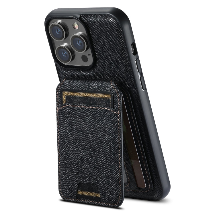 For iPhone 15 Pro Suteni H18 Cross Grain MagSafe Wallet Leather Phone Case(Black) - iPhone 15 Pro Cases by Suteni | Online Shopping South Africa | PMC Jewellery | Buy Now Pay Later Mobicred