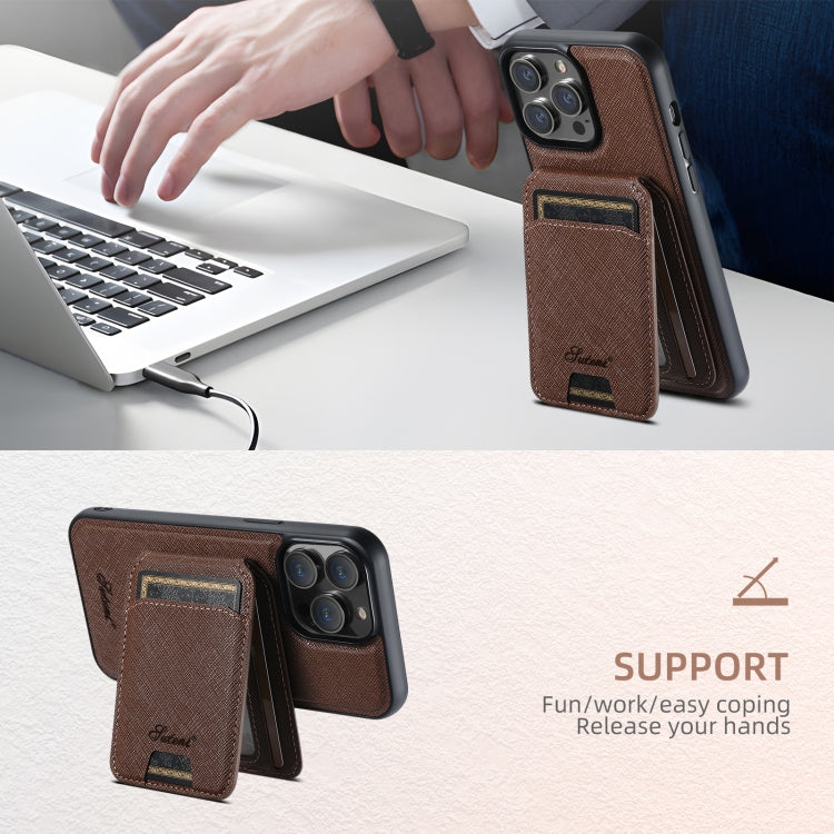 For iPhone 12 Pro Max Suteni H18 Cross Grain MagSafe Wallet Leather Phone Case(Brown) - iPhone 12 Pro Max Cases by Suteni | Online Shopping South Africa | PMC Jewellery | Buy Now Pay Later Mobicred