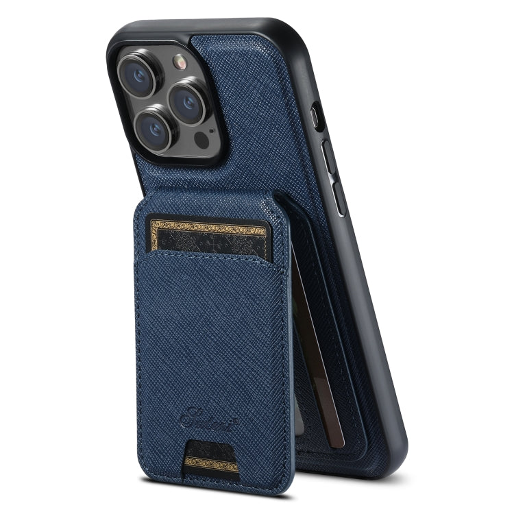 For iPhone 12 Pro Suteni H18 Cross Grain MagSafe Wallet Leather Phone Case(Blue) - free shipping - PMC Jewellery - Order now!