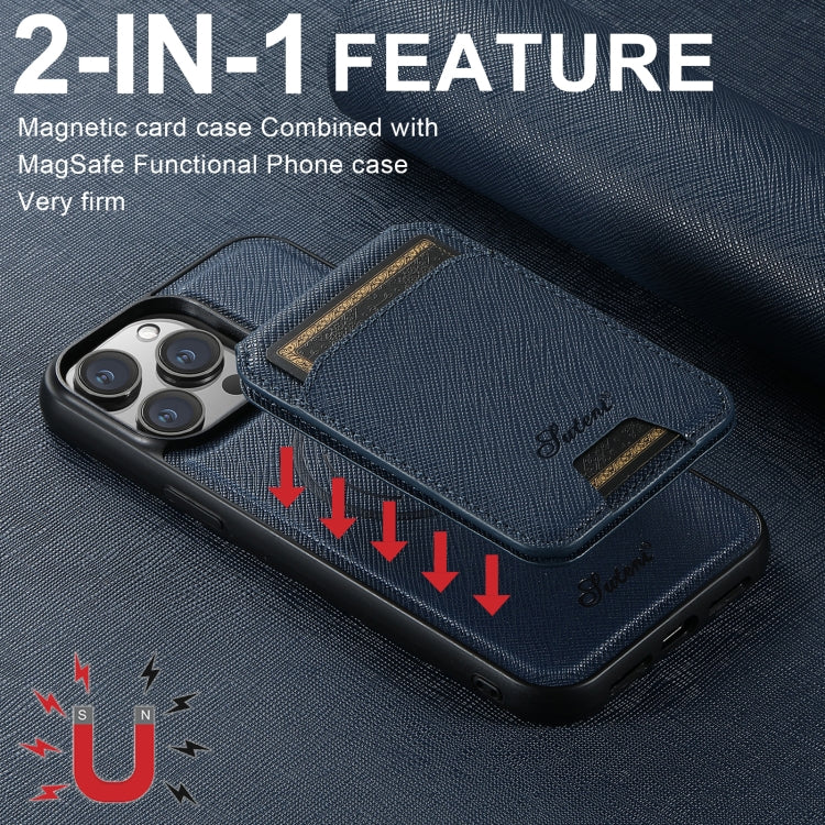 For iPhone 12 Pro Suteni H18 Cross Grain MagSafe Wallet Leather Phone Case(Blue) - iPhone 12 / 12 Pro Cases by Suteni | Online Shopping South Africa | PMC Jewellery | Buy Now Pay Later Mobicred