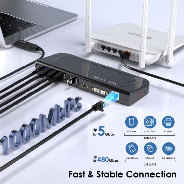 WAVLINK UG49DK4 Universal Laptop Docking Station Dual Monitor Supports DVI / HDMI / VGA(EU Plug) - USB 3.0 HUB by WAVLINK | Online Shopping South Africa | PMC Jewellery | Buy Now Pay Later Mobicred