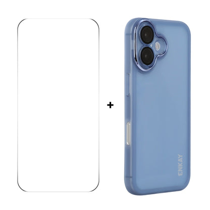 For iPhone 16 Plus ENKAY Hat-Prince Translucent Matte TPU Phone Case with Lens Film + 9H Big Arc Edge Film(Blue) - iPhone 16 Plus Cases by ENKAY | Online Shopping South Africa | PMC Jewellery | Buy Now Pay Later Mobicred