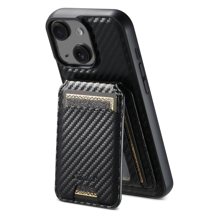 For iPhone 15 Plus Suteni TXWH18 Carbon Fiber Texture Detachable Wallet MagSafe Phone Case(Black) - iPhone 15 Plus Cases by Suteni | Online Shopping South Africa | PMC Jewellery | Buy Now Pay Later Mobicred