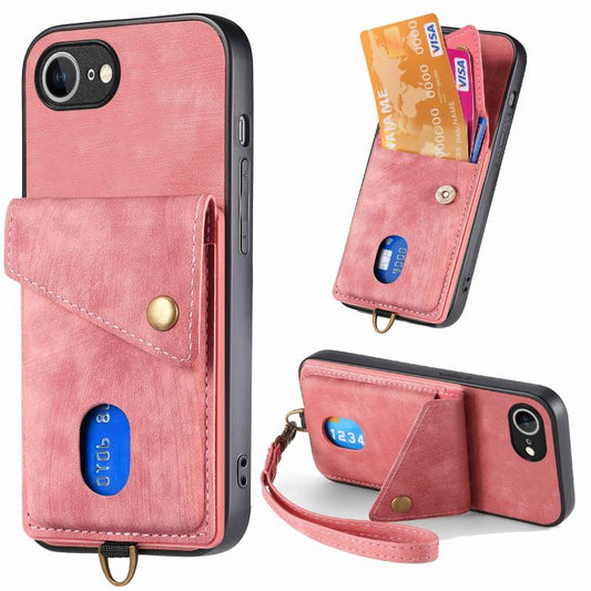 For iPhone 16e Retro Card Wallet Fold Leather Phone Case with Strap(Pink) - iPhone 16e Cases by PMC Jewellery | Online Shopping South Africa | PMC Jewellery | Buy Now Pay Later Mobicred