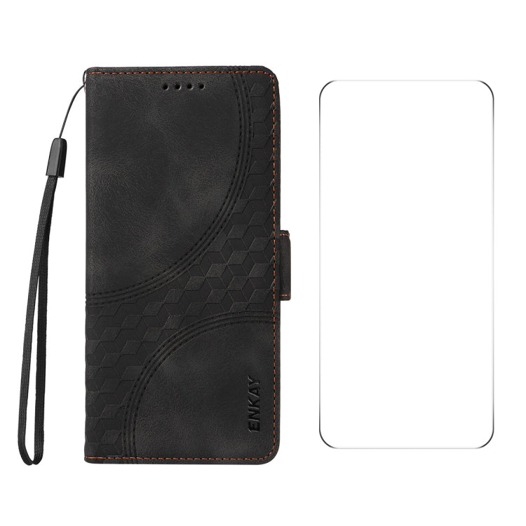 For iPhone 16e ENKAY Embossed Rhombus Starry Leather Phone Case with Screen Film(Black) - iPhone 16e Cases by ENKAY | Online Shopping South Africa | PMC TechLife | Buy Now Pay Later Mobicred