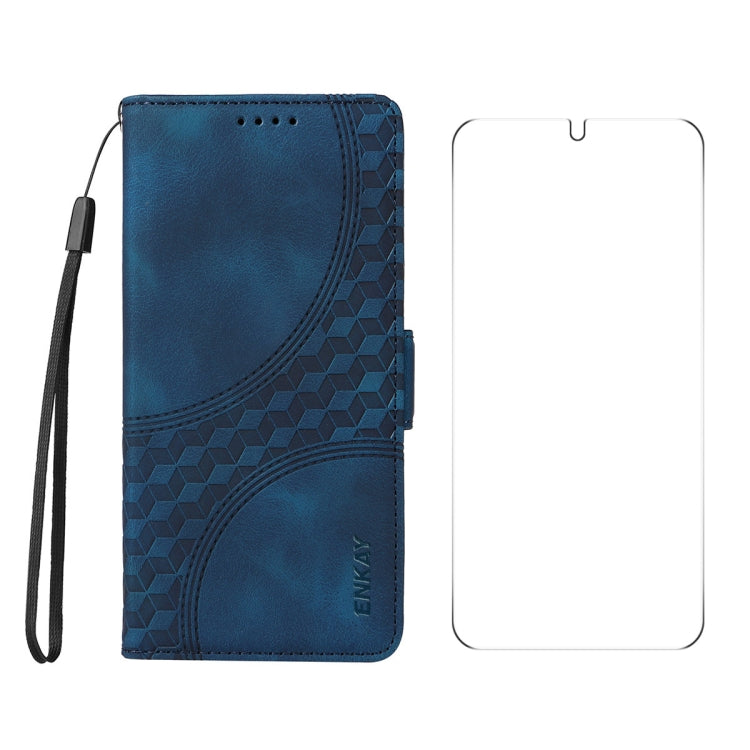 For Samsung Galaxy S25+ / S24+ 5G ENKAY Embossed Rhombus Starry Leather Phone Case with Screen Film(Blue) - Galaxy S24+ 5G Cases by ENKAY | Online Shopping South Africa | PMC Jewellery | Buy Now Pay Later Mobicred