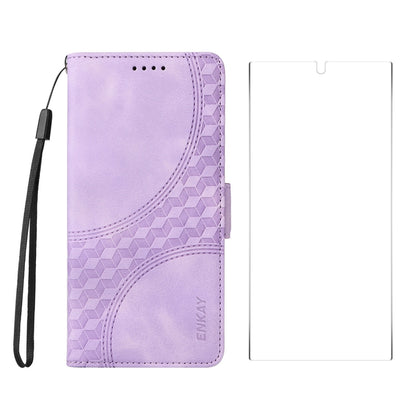 For Samsung Galaxy S25 Ultra 5G ENKAY Embossed Rhombus Starry Leather Phone Case with Screen Film(Purple) - Galaxy S25 Ultra 5G Cases by ENKAY | Online Shopping South Africa | PMC Jewellery | Buy Now Pay Later Mobicred